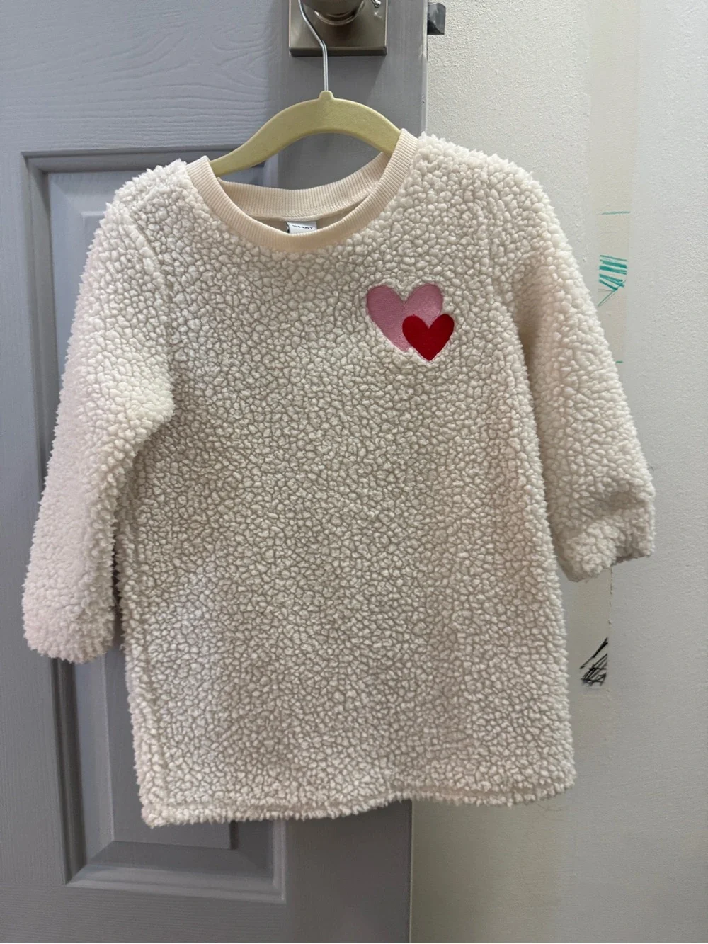 Old Navy Cream Sherpa Dress with Pink and Red Heart